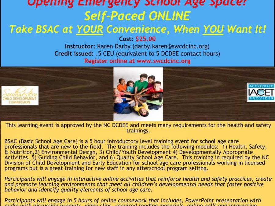 Online- Basic School Age Care – BSAC – Self Paced/On Demand